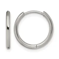 Pair of polished silver-toned chunky hoop earrings shown from front and side angles against a white background.