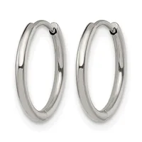 A pair of polished silver-toned chunky hoop earrings with hinged closures, shown against a white background.