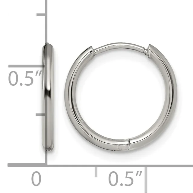 A pair of polished silver-toned hoop earrings with a hinged closure, shown front and side view with a measurement scale indicating 0.5 inch diameter.