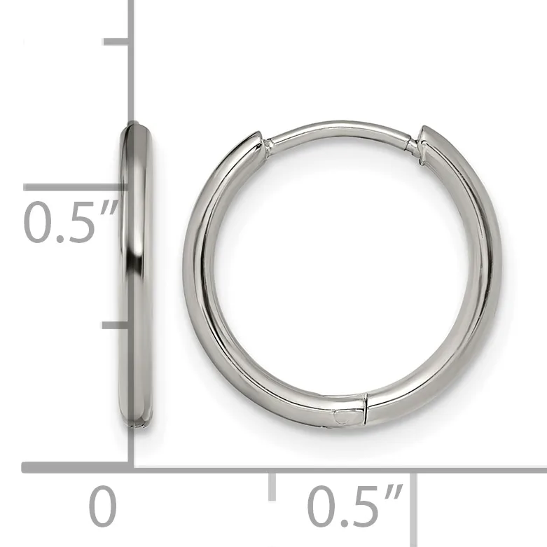 A pair of polished silver-toned hoop earrings with a hinged closure, shown front and side view with a measurement scale indicating 0.5 inch diameter.