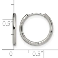 A pair of polished silver-toned hoop earrings with a hinged closure, shown front and side view with a measurement scale indicating 0.5 inch diameter.