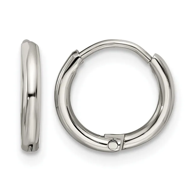 Two polished silver-toned hoop earrings with hinged closures, shown from front and side views against a white background.