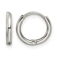 Two polished silver-toned hoop earrings with hinged closures, shown from front and side views against a white background.