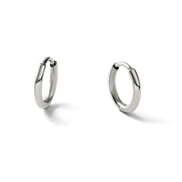 A pair of polished silver-toned hoop earrings with a smooth, curved rectangular profile, shown from slightly different angles against a white background.