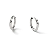 A pair of polished silver-toned hoop earrings with a smooth, curved rectangular profile, shown from slightly different angles against a white background.