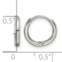 A pair of polished silver-toned hinged hoop earrings shown from front and side views with measurement scale indicating 0.5 inch width.