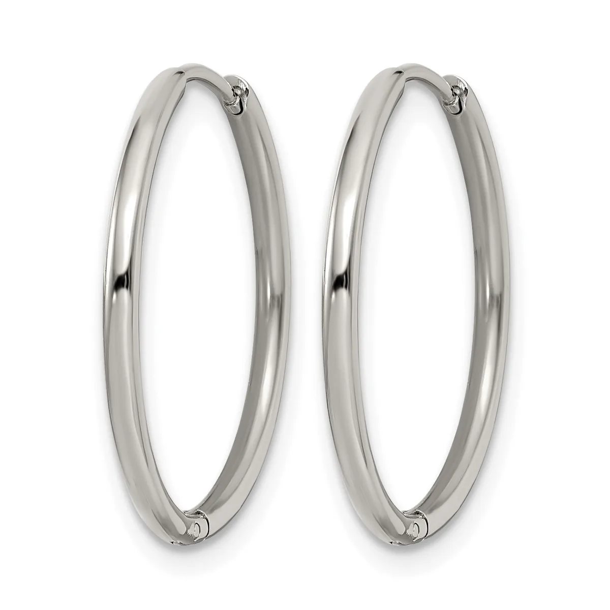 A pair of polished silver-toned oval hoop earrings with hinged closures, shown against a white background.