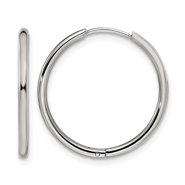 Pair of polished silver-toned hoop earrings shown from front and side views, with hinged closures.