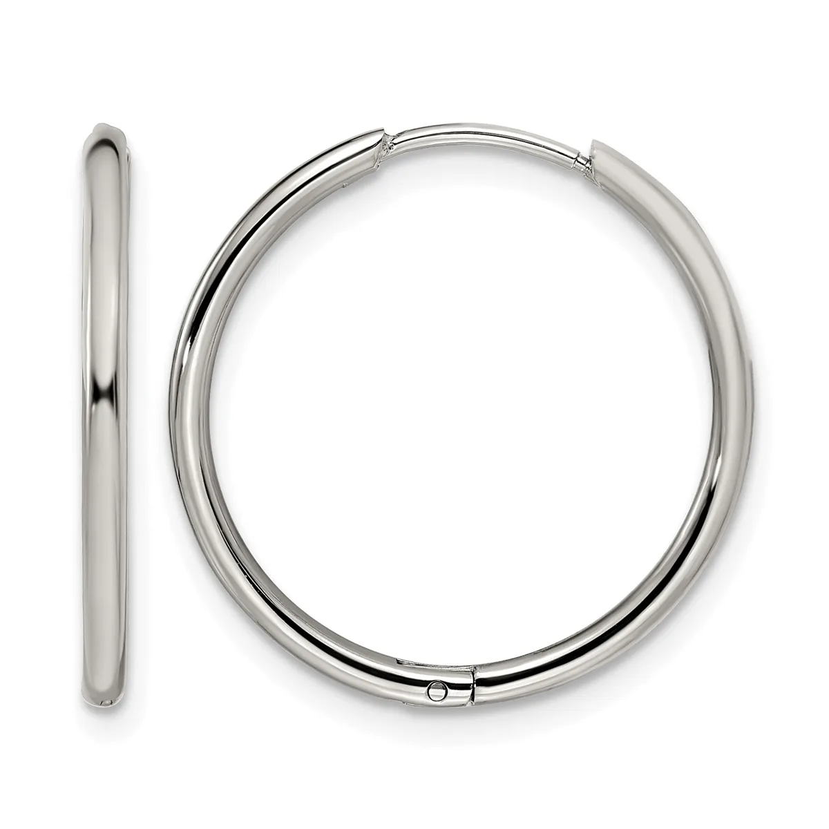 Pair of polished silver-toned hoop earrings shown from front and side views, with hinged closures.