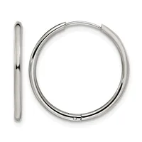 Pair of polished silver-toned hoop earrings shown from front and side views, with hinged closures.