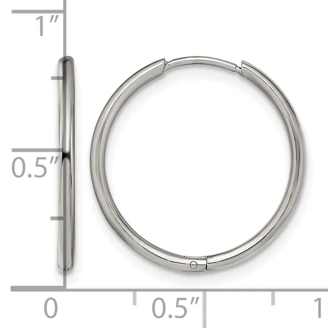 Silver-toned hollow hoop earring shown from front and side view with a measurement scale indicating approximately one inch in diameter and half inch in thickness.