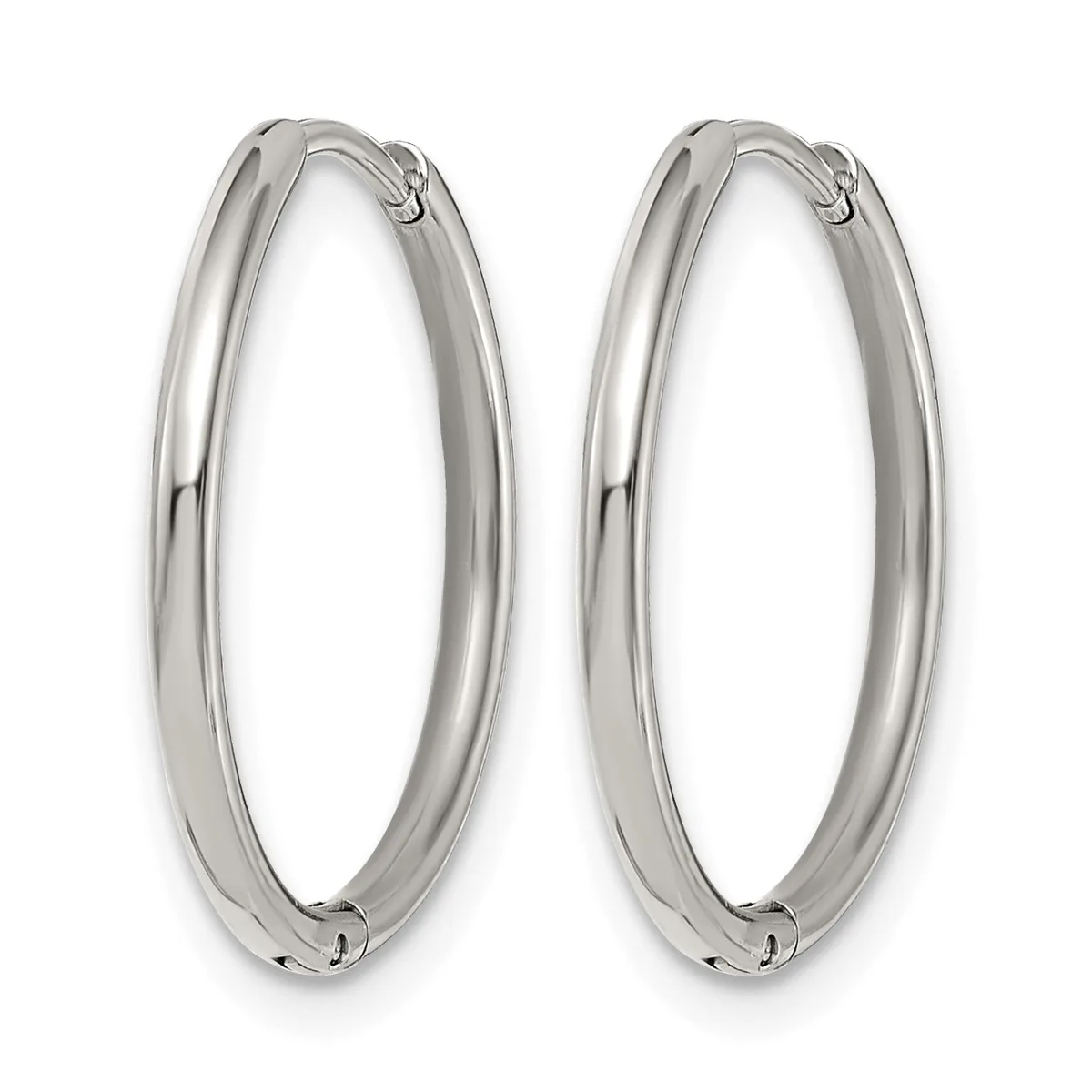 A pair of polished silver oval hoop earrings with hinged closures, shown against a white background.