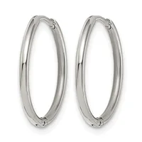 A pair of polished silver oval hoop earrings with hinged closures, shown against a white background.
