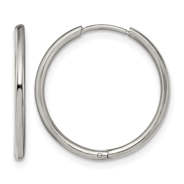 Polished silver-toned tubular hoop earrings shown from front and side views with hinged closures.