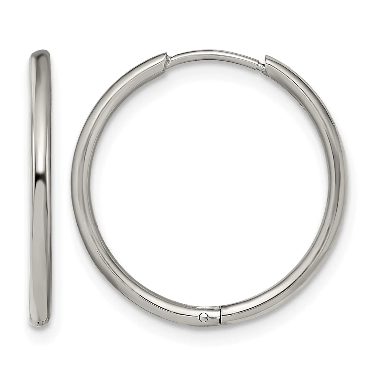 Polished silver-toned tubular hoop earrings shown from front and side views with hinged closures.