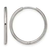 Polished silver-toned tubular hoop earrings shown from front and side views with hinged closures.