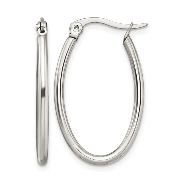 A pair of polished silver-tone oval hoop earrings with hinged closures, displayed from front and side views.