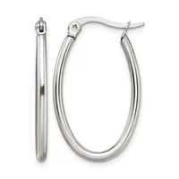 A pair of polished silver-tone oval hoop earrings with hinged closures, displayed from front and side views.