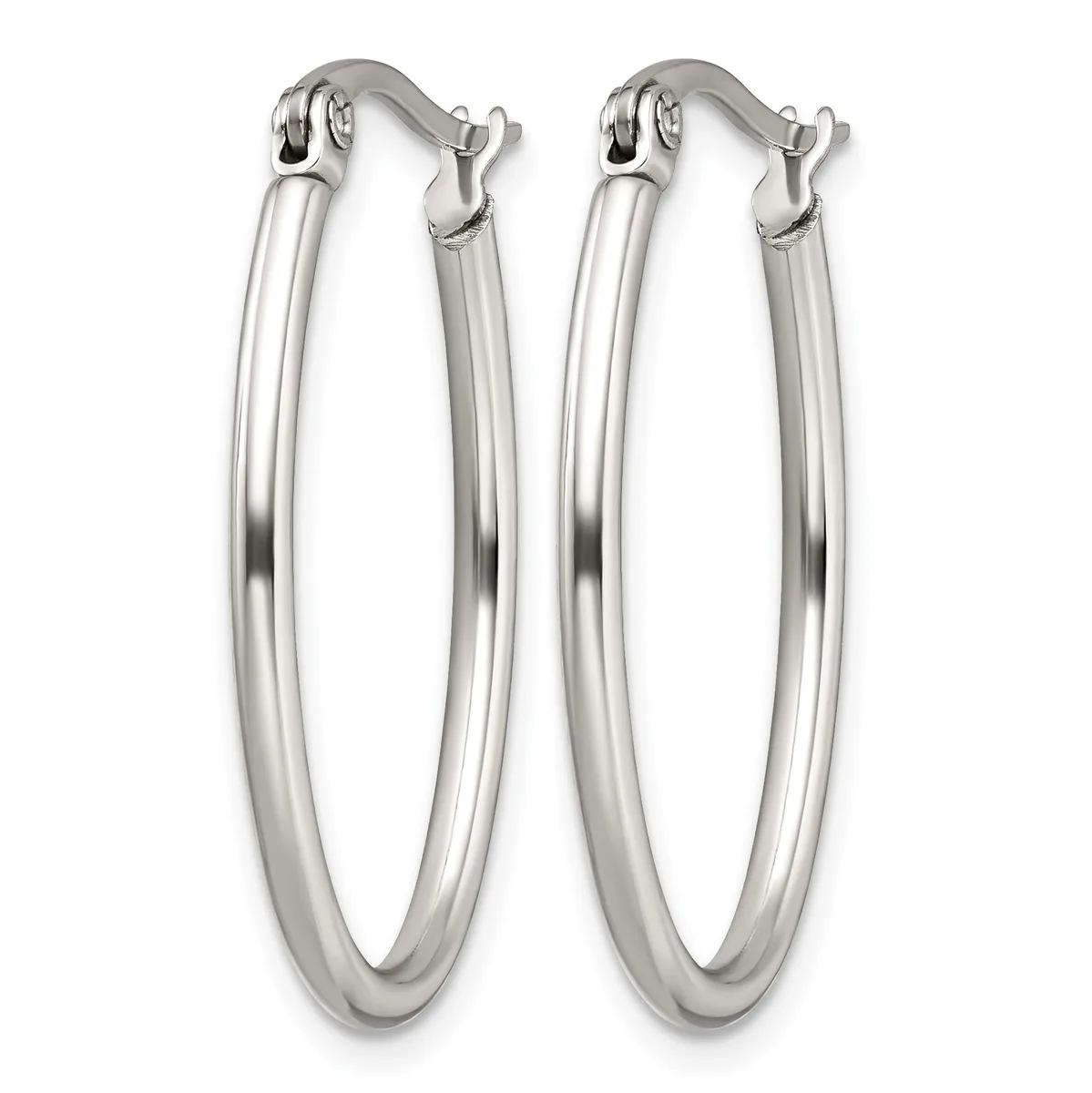 A pair of polished silver-toned oval hoop earrings with hinged closures, shown against a white background.