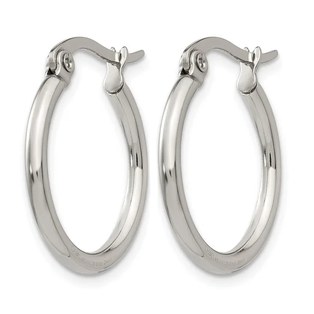 Pair of polished silver-toned metal hoop earrings with curved posts and hinged closures, displayed against a white background.