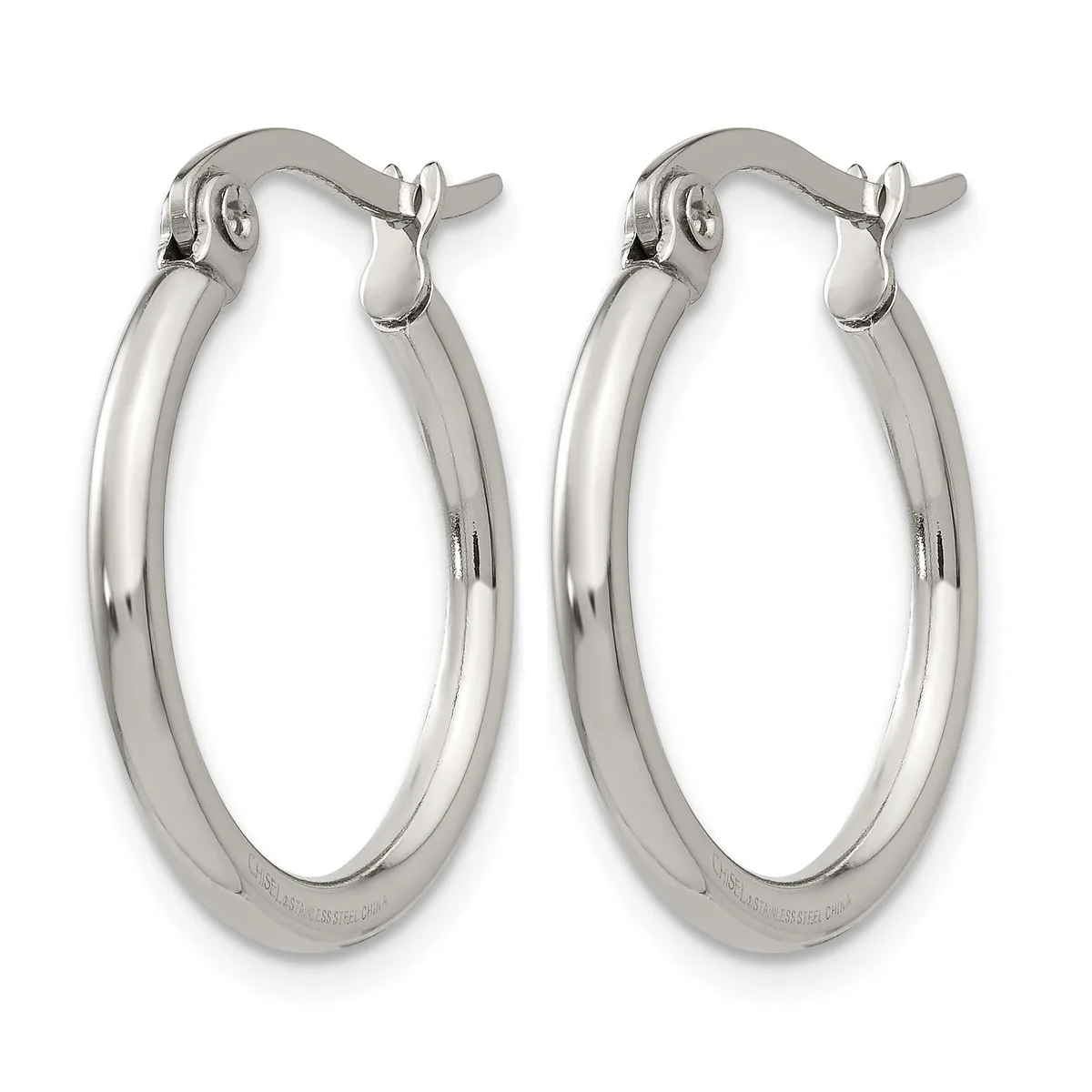 Pair of polished silver-toned metal hoop earrings with curved posts and hinged closures, displayed against a white background.