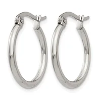 Pair of polished silver-toned metal hoop earrings with curved posts and hinged closures, displayed against a white background.