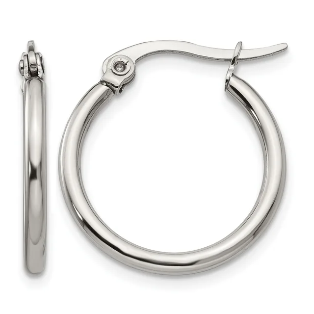 A pair of polished silver-toned hoop earrings with a smooth, curved tube design and hinged closure posts, shown from front and side views.