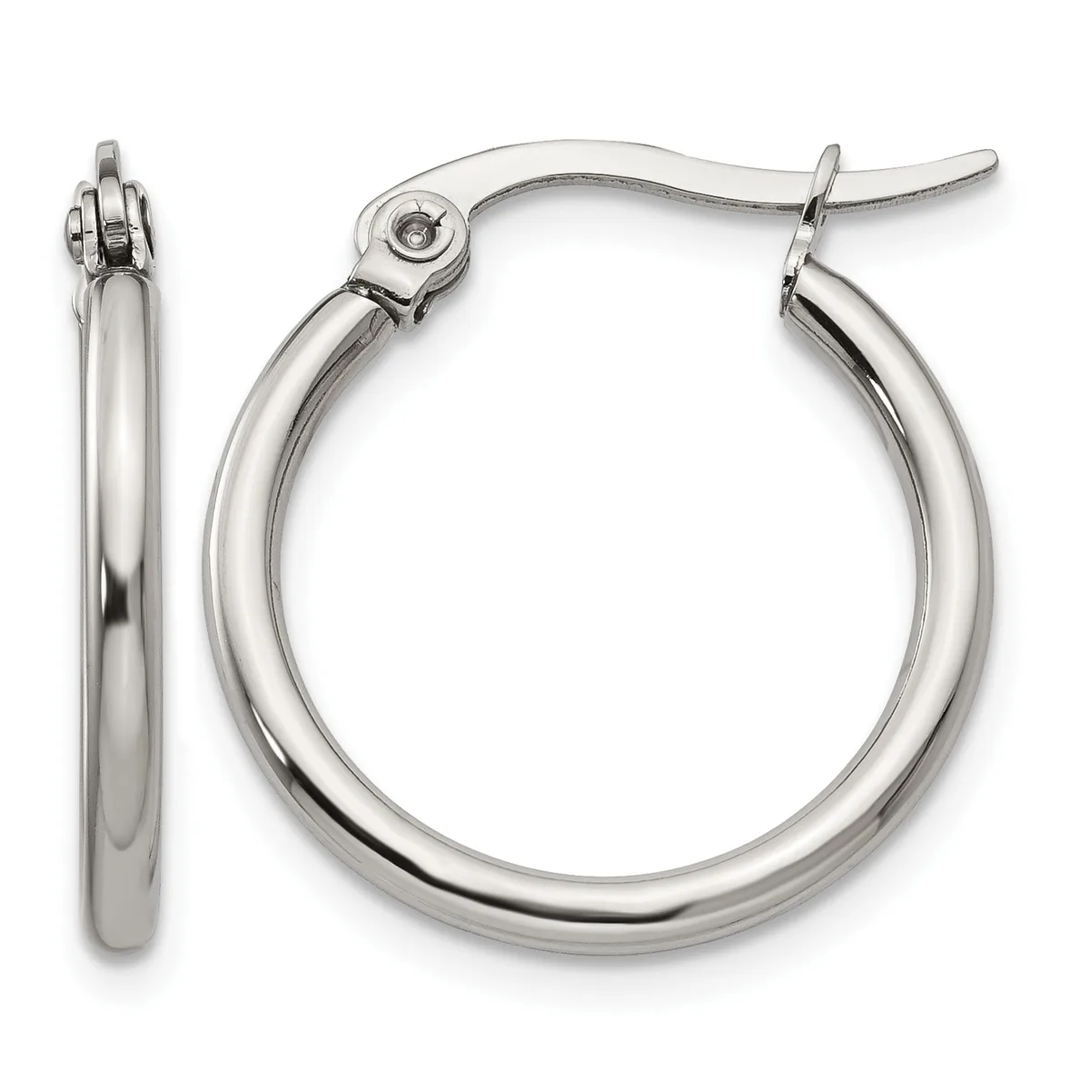 A pair of polished silver-toned hoop earrings with a smooth, curved tube design and hinged closure posts, shown from front and side views.
