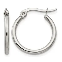 A pair of polished silver-toned hoop earrings with a smooth, curved tube design and hinged closure posts, shown from front and side views.