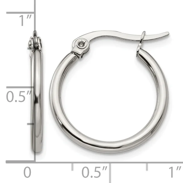 Polished silver-toned hoop earrings with a click closure, shown from front and side view with measurement scale indicating approximately one inch diameter and half inch tube width.
