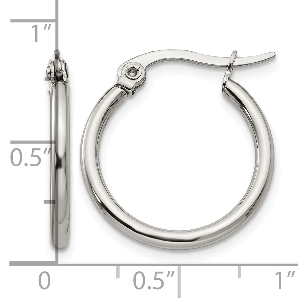 Polished silver-toned hoop earrings with a click closure, shown from front and side view with measurement scale indicating approximately one inch diameter and half inch tube width.