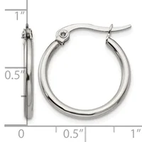 Polished silver-toned hoop earrings with a click closure, shown from front and side view with measurement scale indicating approximately one inch diameter and half inch tube width.