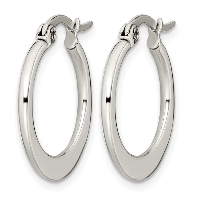 A pair of polished silver-toned oval hoop earrings with a flat, smooth surface and hinged closure posts, shown from the front.