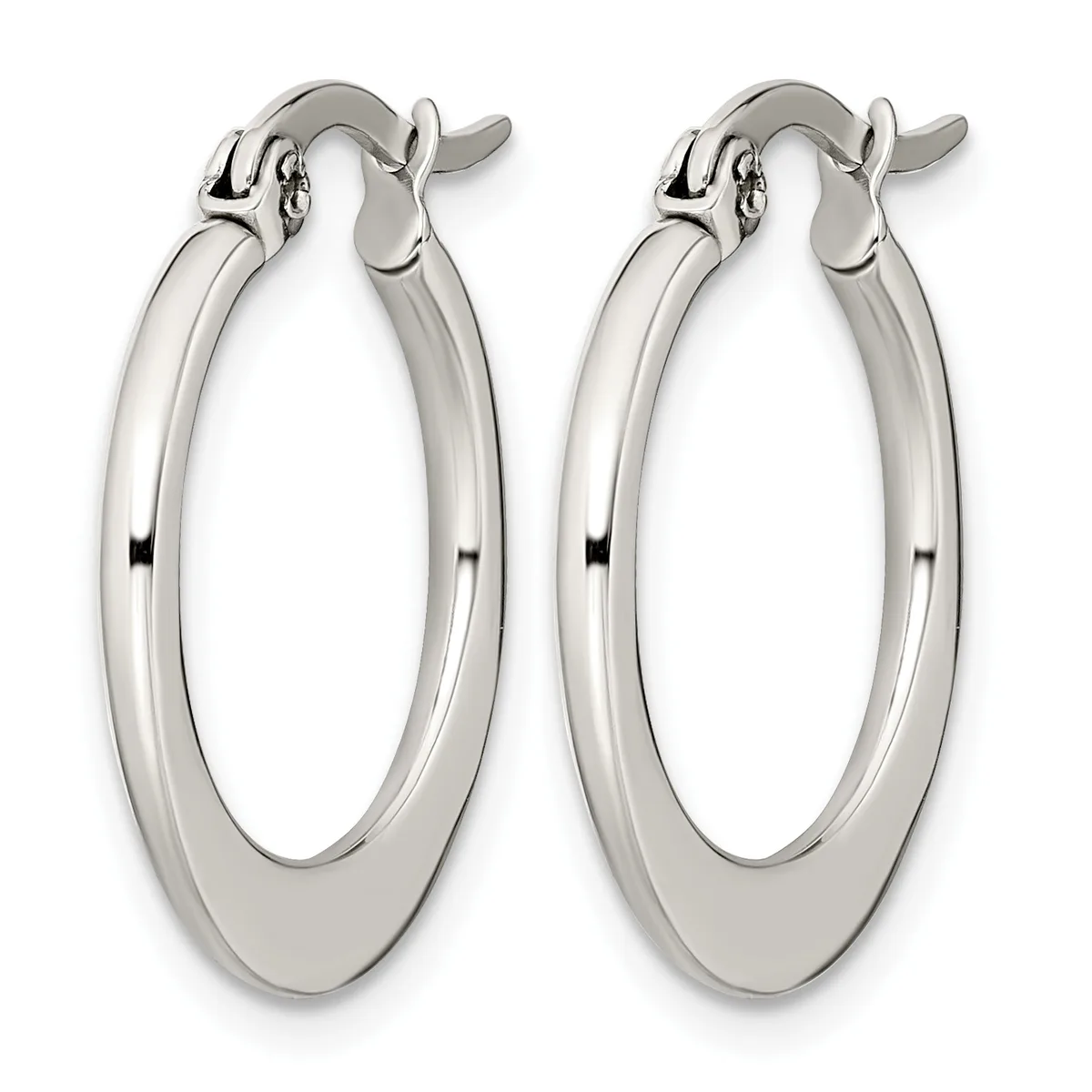 A pair of polished silver-toned oval hoop earrings with a flat, smooth surface and hinged closure posts, shown from the front.
