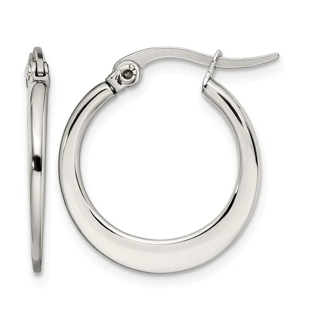A pair of polished silver-toned hoop earrings with a thick, rounded profile and hinged clasp closures, shown from front and side views.