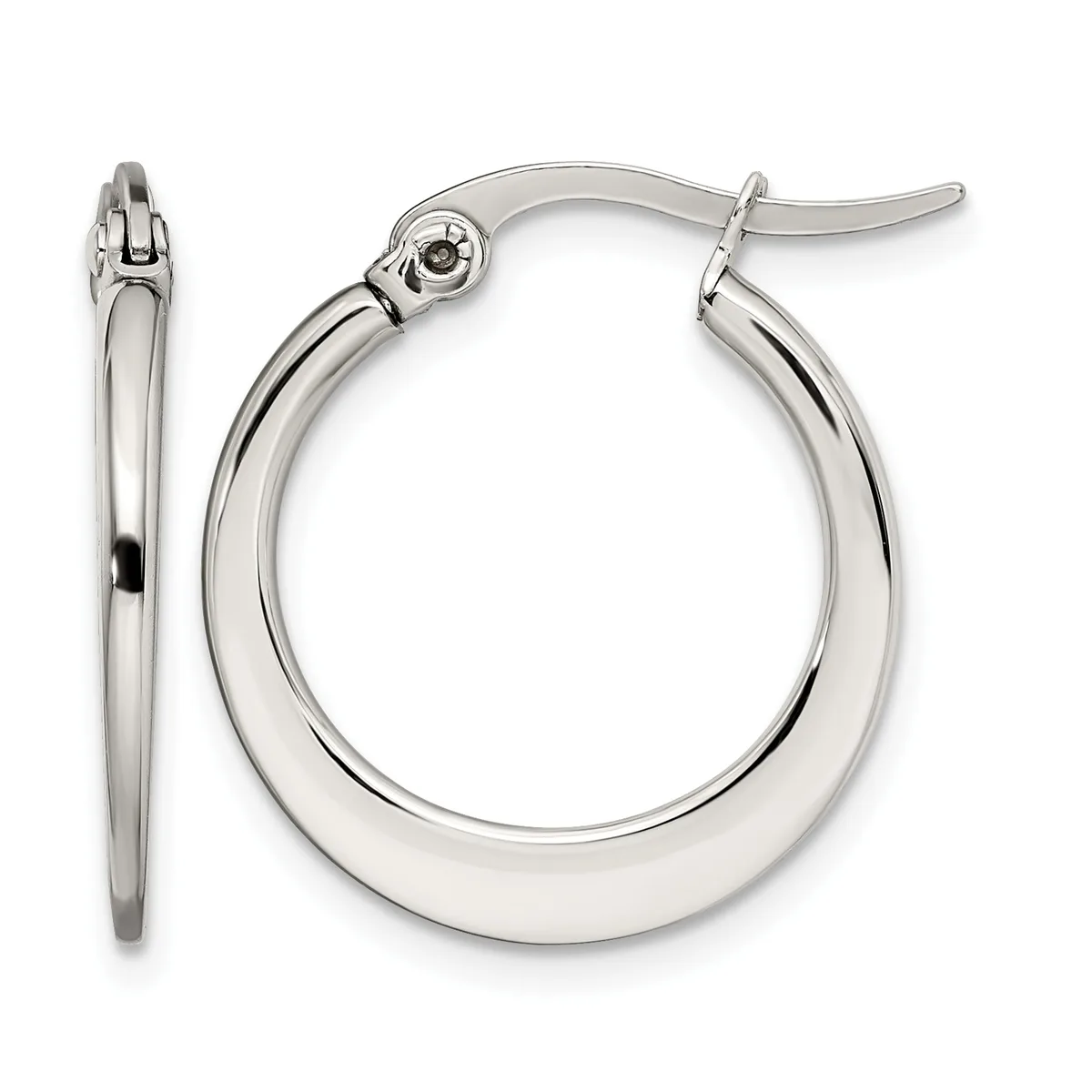 A pair of polished silver-toned hoop earrings with a thick, rounded profile and hinged clasp closures, shown from front and side views.