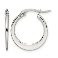 A pair of polished silver-toned hoop earrings with a thick, rounded profile and hinged clasp closures, shown from front and side views.