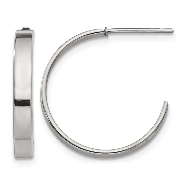 A pair of polished silver-toned hoop earrings shown from the front and side view, featuring a wide flat band design with a post and clutch closure.