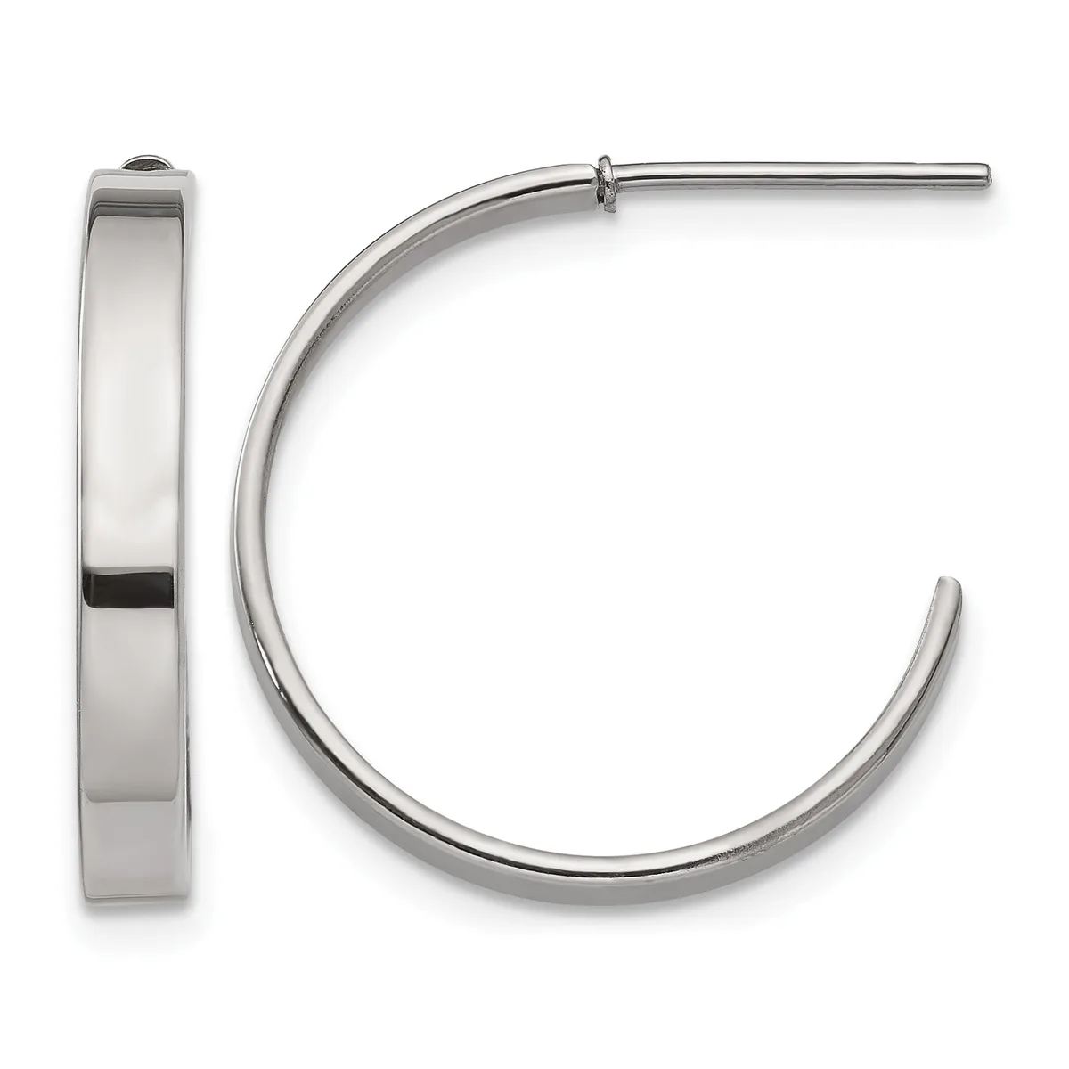 A pair of polished silver-toned hoop earrings shown from the front and side view, featuring a wide flat band design with a post and clutch closure.