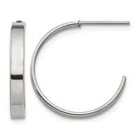 A pair of polished silver-toned hoop earrings shown from the front and side view, featuring a wide flat band design with a post and clutch closure.
