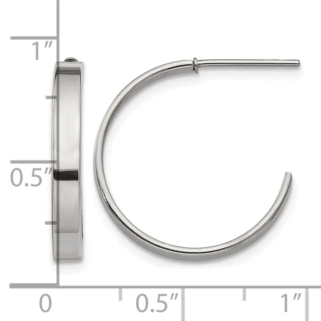 A pair of polished silver hoop earrings with measurement dimensions shown, displaying approximately 1 inch diameter with 0.5 inch width tubing.
