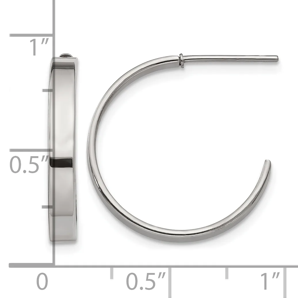 A pair of polished silver hoop earrings with measurement dimensions shown, displaying approximately 1 inch diameter with 0.5 inch width tubing.