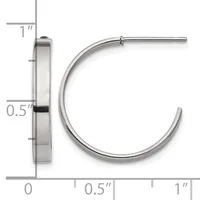 A pair of polished silver hoop earrings with measurement dimensions shown, displaying approximately 1 inch diameter with 0.5 inch width tubing.