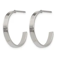 A pair of polished silver-toned hoop earrings with a curved rectangular profile and post closures, displayed side by side.