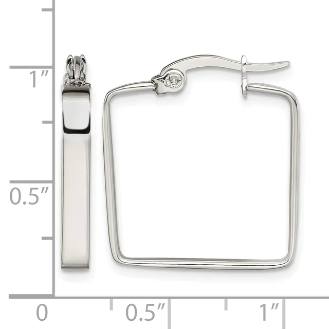 Silver-toned square hoop earrings with a polished finish, displayed next to a measurement ruler showing approximately one inch width and one inch height.