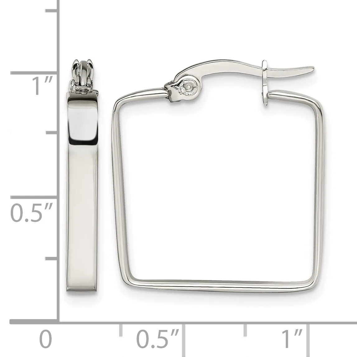 Silver-toned square hoop earrings with a polished finish, displayed next to a measurement ruler showing approximately one inch width and one inch height.