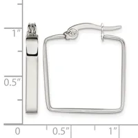 Silver-toned square hoop earrings with a polished finish, displayed next to a measurement ruler showing approximately one inch width and one inch height.