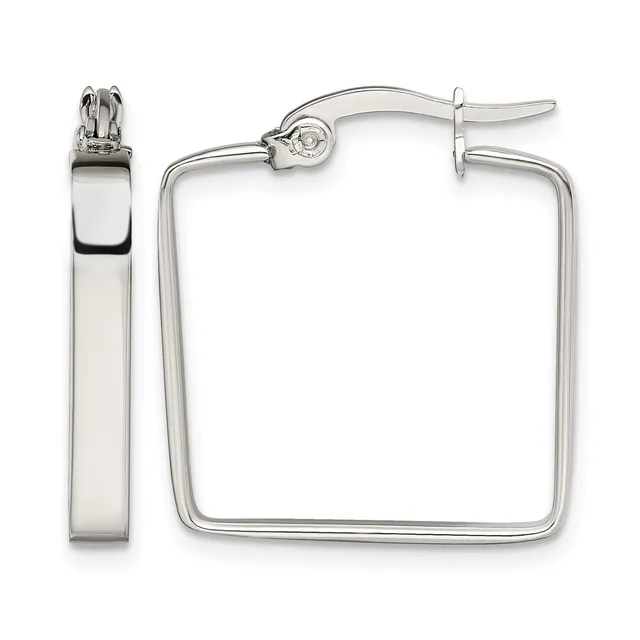 Pair of polished silver-toned square hoop earrings with posts and clutch backs, shown from front and side views.