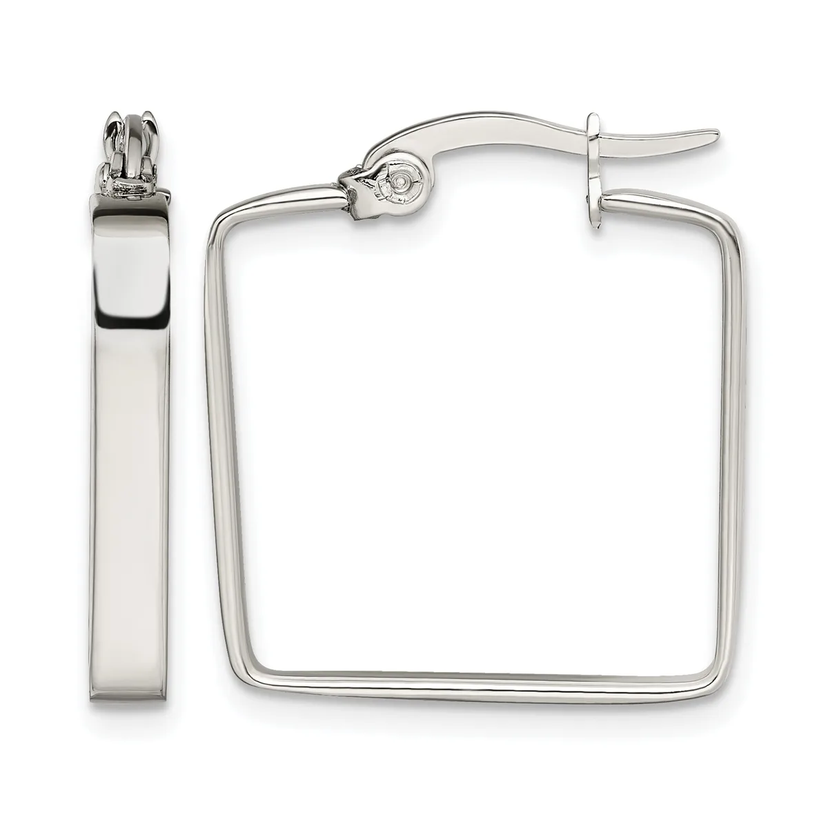 Pair of polished silver-toned square hoop earrings with posts and clutch backs, shown from front and side views.