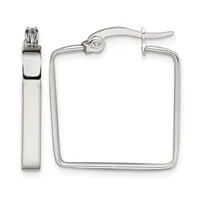 Pair of polished silver-toned square hoop earrings with posts and clutch backs, shown from front and side views.
